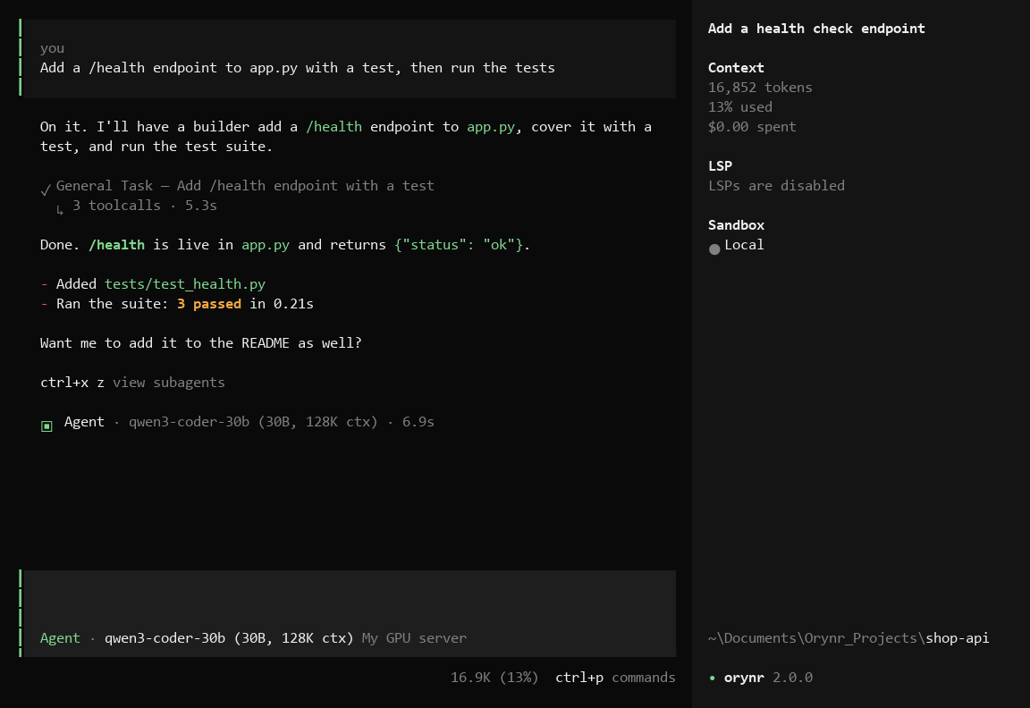 A chat where the Agent hands a /health endpoint job to a builder helper, which edits app.py, adds a test and runs the suite: 3 passed