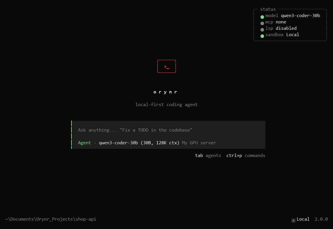 Orynr Code home screen with the status box, the prompt, and the Agent with a qwen3-coder model on My GPU server