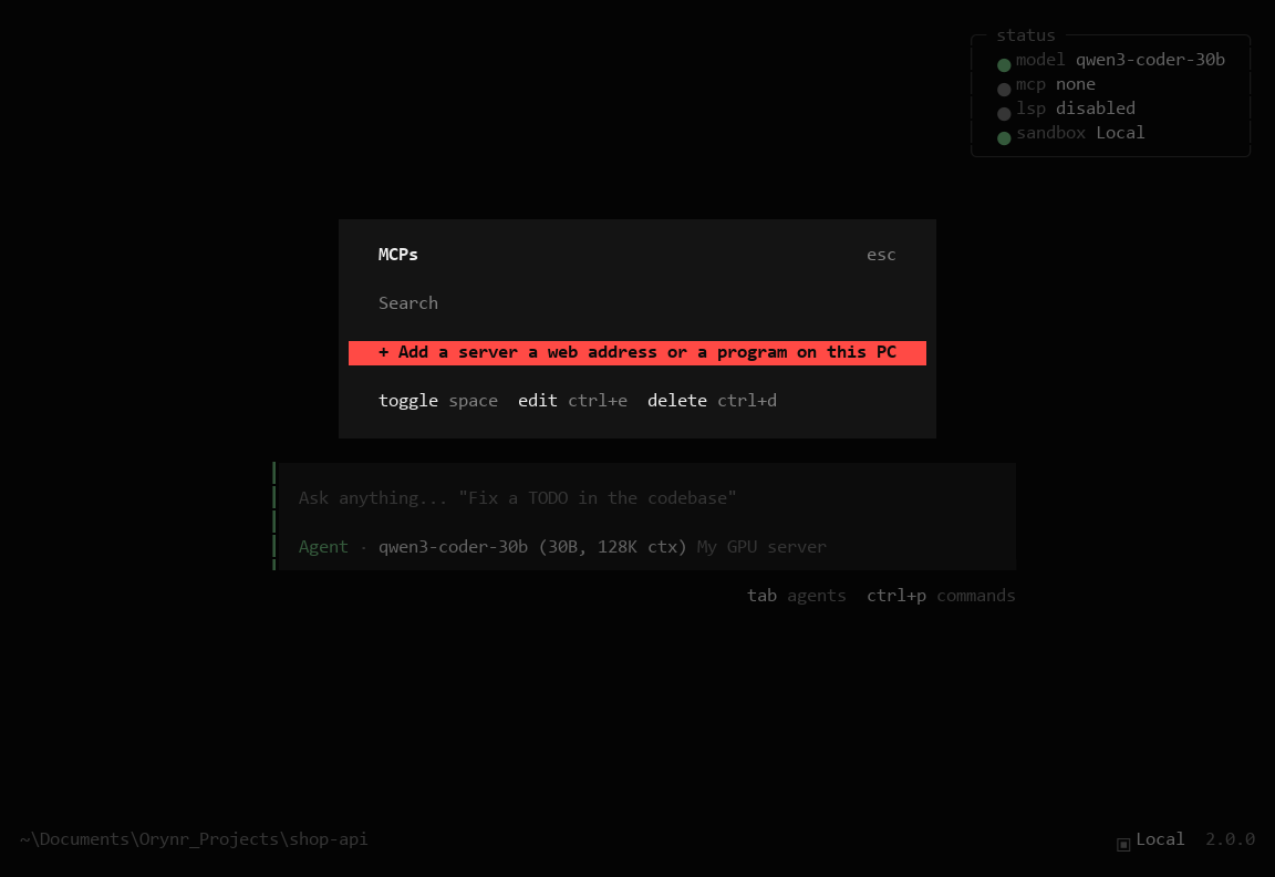 The MCPs window with + Add a server, and toggle, edit and delete shortcuts