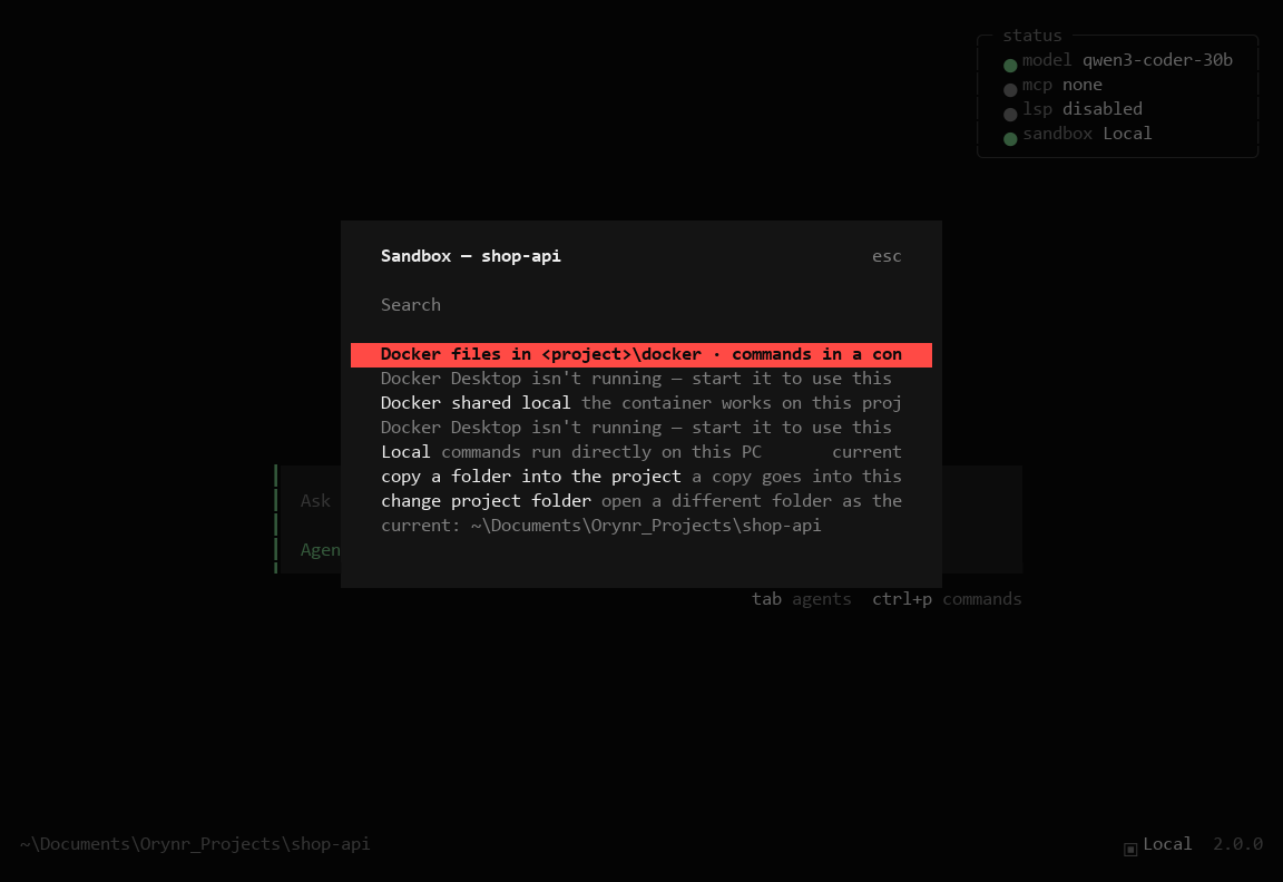 The Sandbox window for shop-api with Docker, Docker shared local and Local, plus copy a folder in and change project folder
